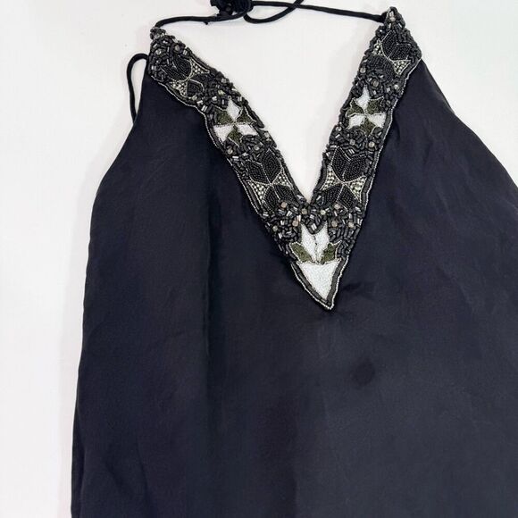 Haute Hippie Mini Dress Womens Medium Silk Beaded Halter Black Strappy - Picture 4 of 8